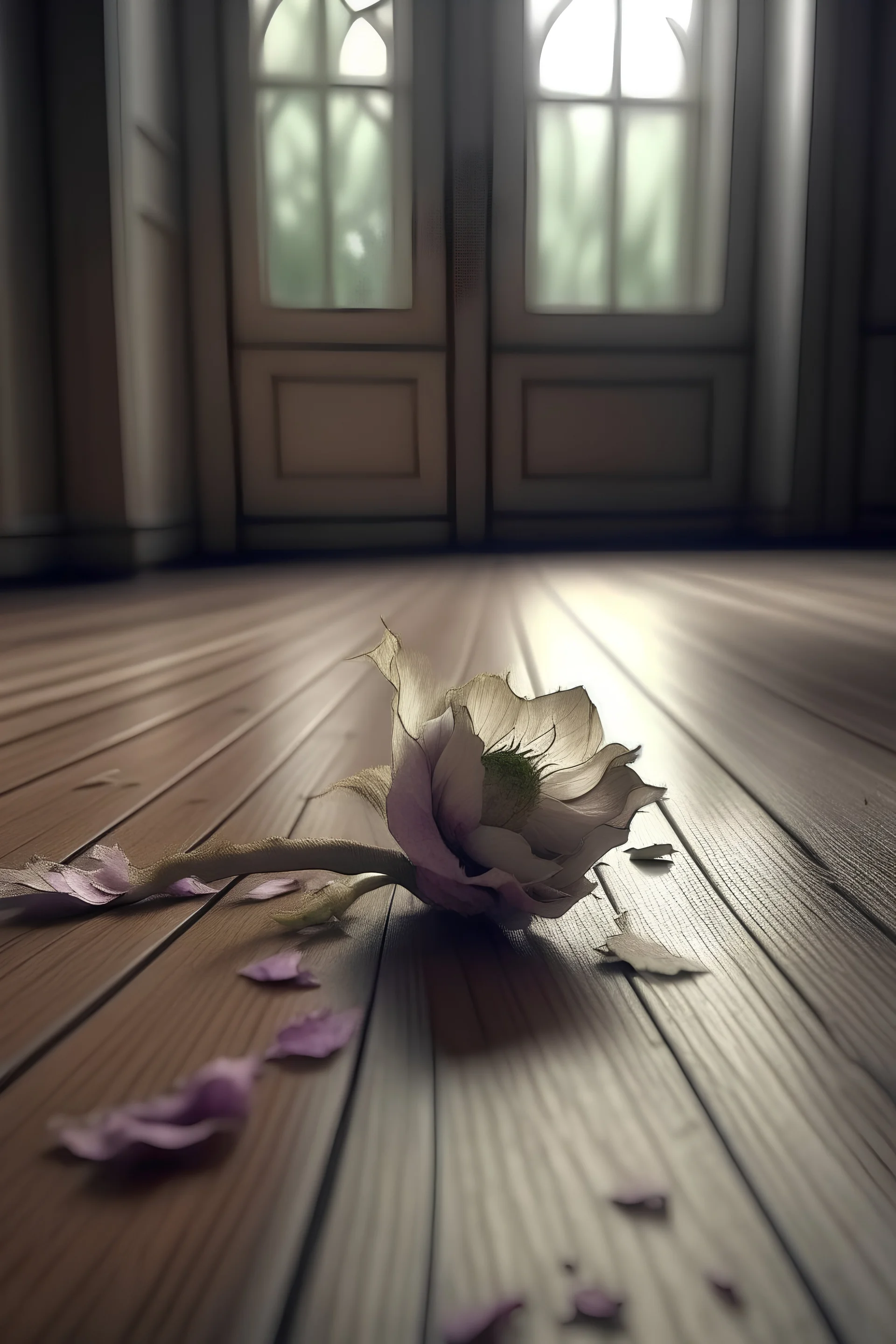Wilted singular petal on wooden floor, window behind, camera, ignoring the flower, hd, realism, hdr, 4k, leica, fujifilm, dslr, cinematic