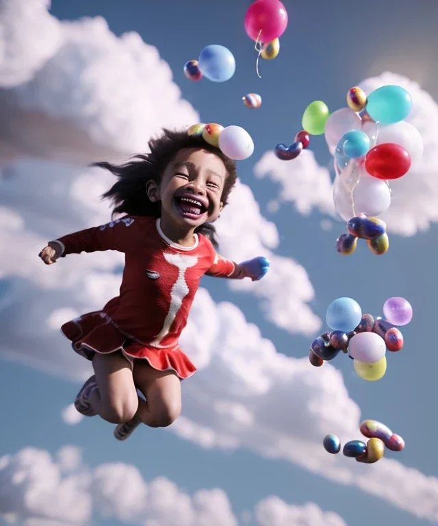 Ultra realistic speed clouds sky scene, wide angle view, childs falling down with many Childs background, circus dress style, feather color, free jumping flying, many trinkets, hair monster, many jelly beans, balls, color smoke, smile, happy, extreme, wind, clouds sea, 20,000 feet altitude, stratosphere, soft color, highly detailed, unreal engine 5, ray tracing, RTX, lumen lighting, ultra detail, volumetric lighting, 3d, finely drawn, high definition, high resolution.