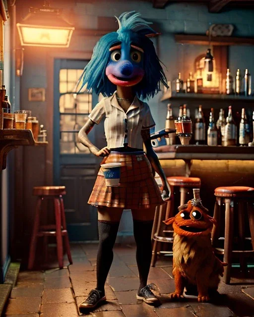 Pub scene, hybrid character, waitress sexy British woman with monster muppet mask that covers her entire head, Sesame Street style, retro style, short shirt, tray, beer, old school tattoo, hot, smooth, unreal engine 5, god lights, ray tracing, RTX, lumen lighting, ultra detail, volumetric lighting, 3d.