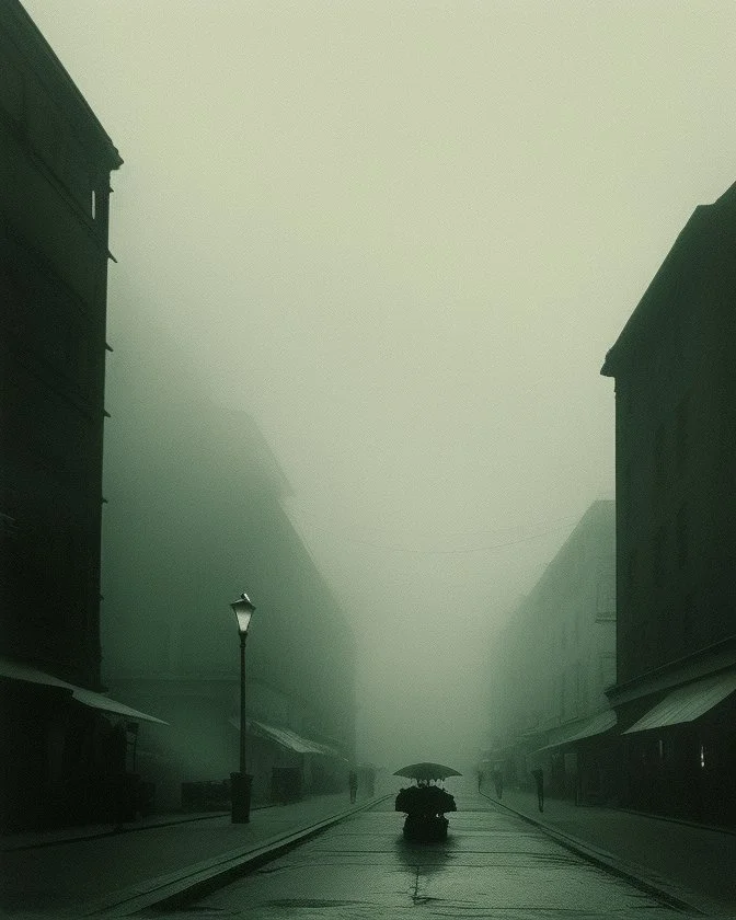 Dark street life creepy fog colours strong texture nightmare 8k artistic Photography volumetric light, Yves Tanguy Max Ernst splop