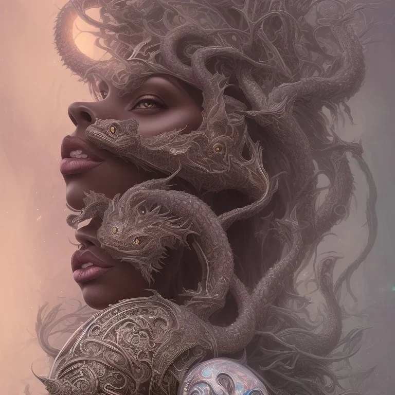 sango fantasy, fantasy magic, intricate, sharp focus, illustration, highly detailed, digital painting, concept art, matte, artgerm and paul lewin and kehinde wiley, masterpiece sexy lips Asian afro lips black African lady body mermaid Dragon head silver bright snow lady outer space mermaid pretty skull head