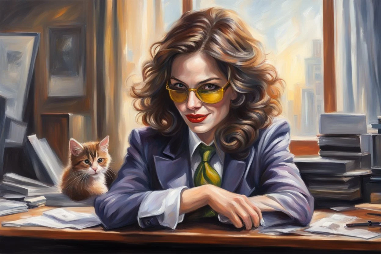 kitten brunette woman secret agent joker in an office in sunshine, very detailed, oil painting