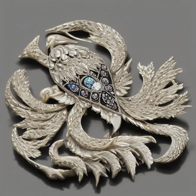 phoenix ivory brooch with black pearl inlay, opalescent marble carving, decorative design, classical ornament, highly ornate, highly intricate, highly detailed etching, marble carving, warm lighting