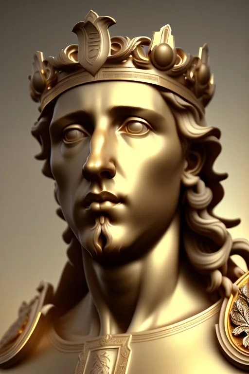 Ultra Realistic image, classical renaissance sculpture, white marble material, Lionel Messi, emperor style, gold Laurel leaves crown, chisel style, waist up portrait, epic, celestial, cinematic lighting, God light, god rays, 4k resolution, smooth details, ornate details, soft lighting, unreal engine 5, marble background.