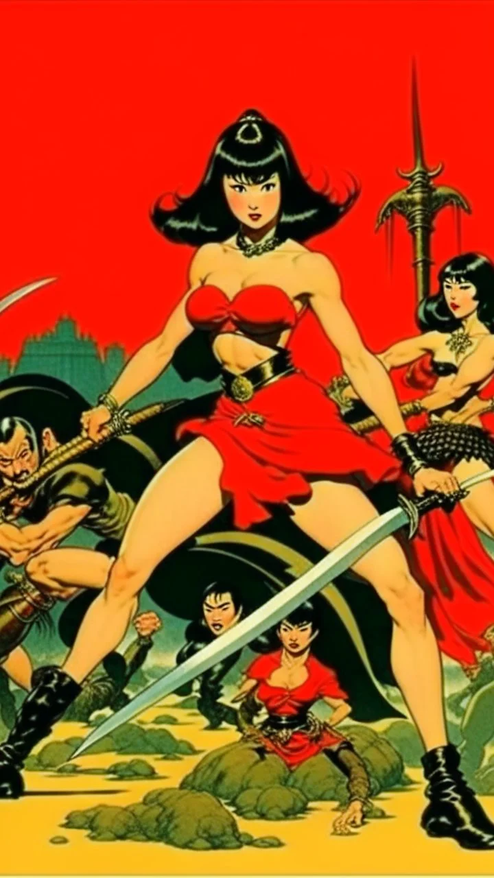 Betty Page art from japanese style 1900 movie. Ninjas james bond