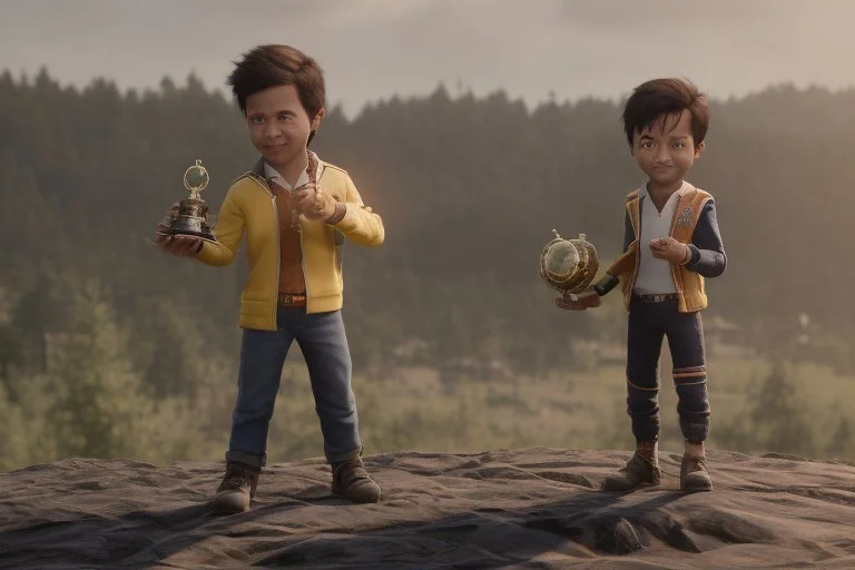 Boy character with creative trophy with his hand like winner