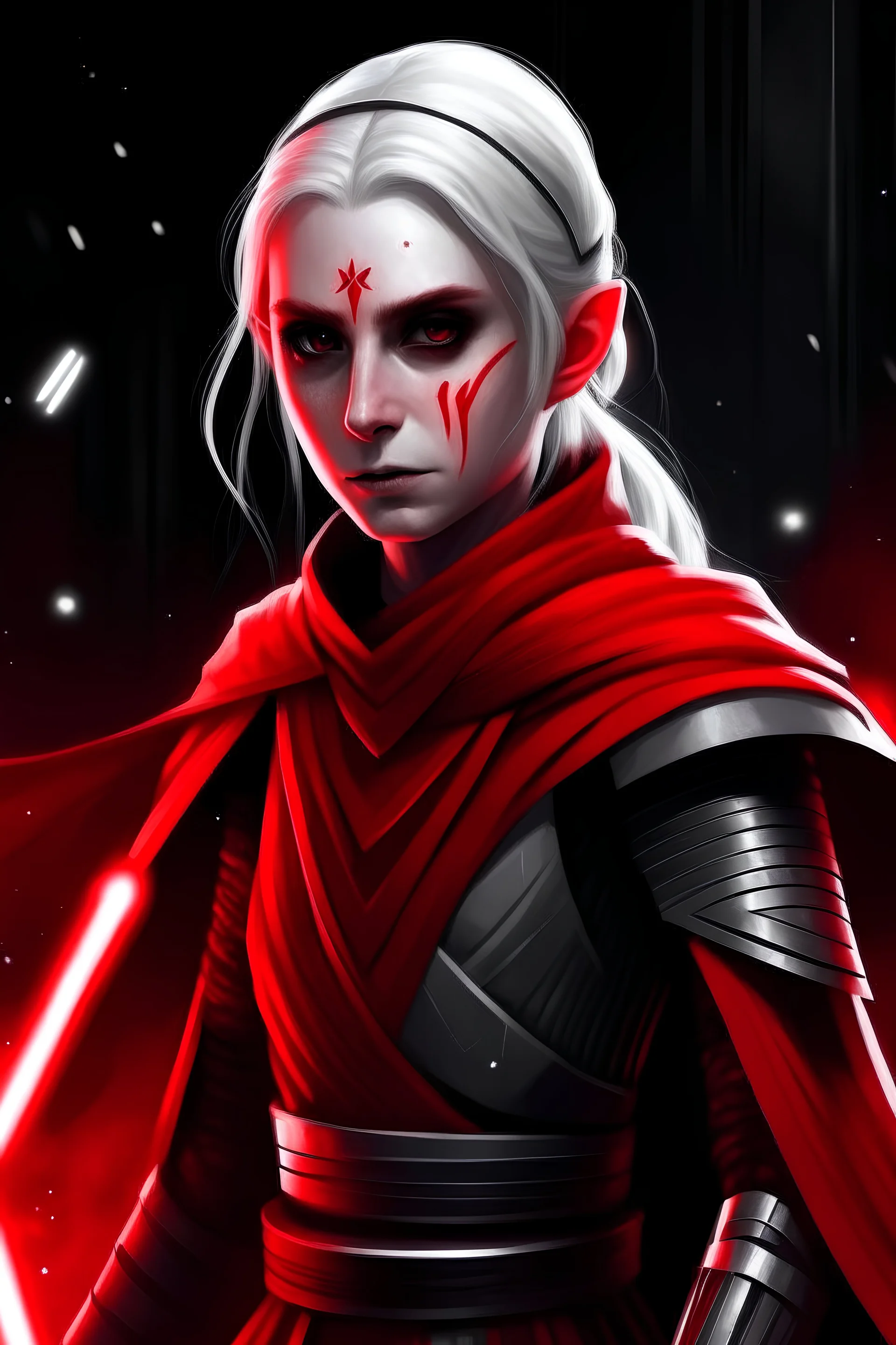 Star Wars Merrin Nightsister in red attire with white hair.