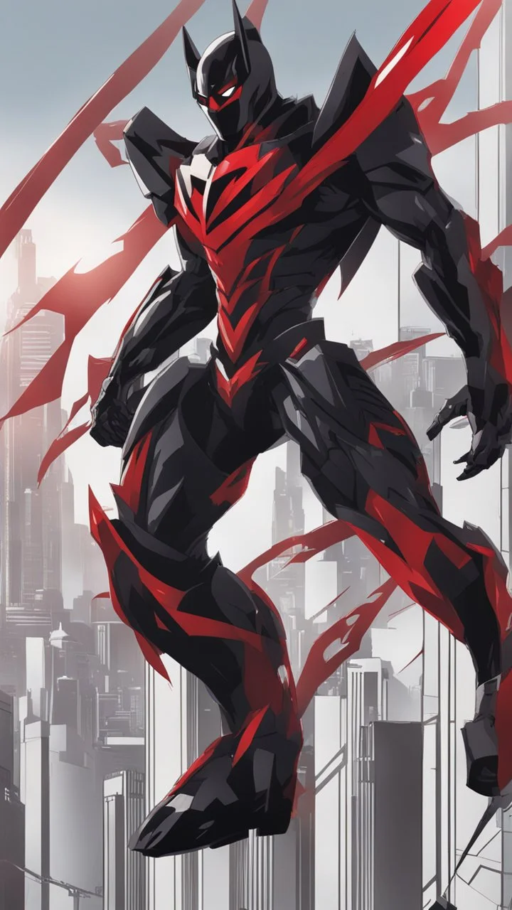 A close picture to Mix between transformers and batman and symbiote venom in solo leveling shadow art style with red details detailsis in fantasy world