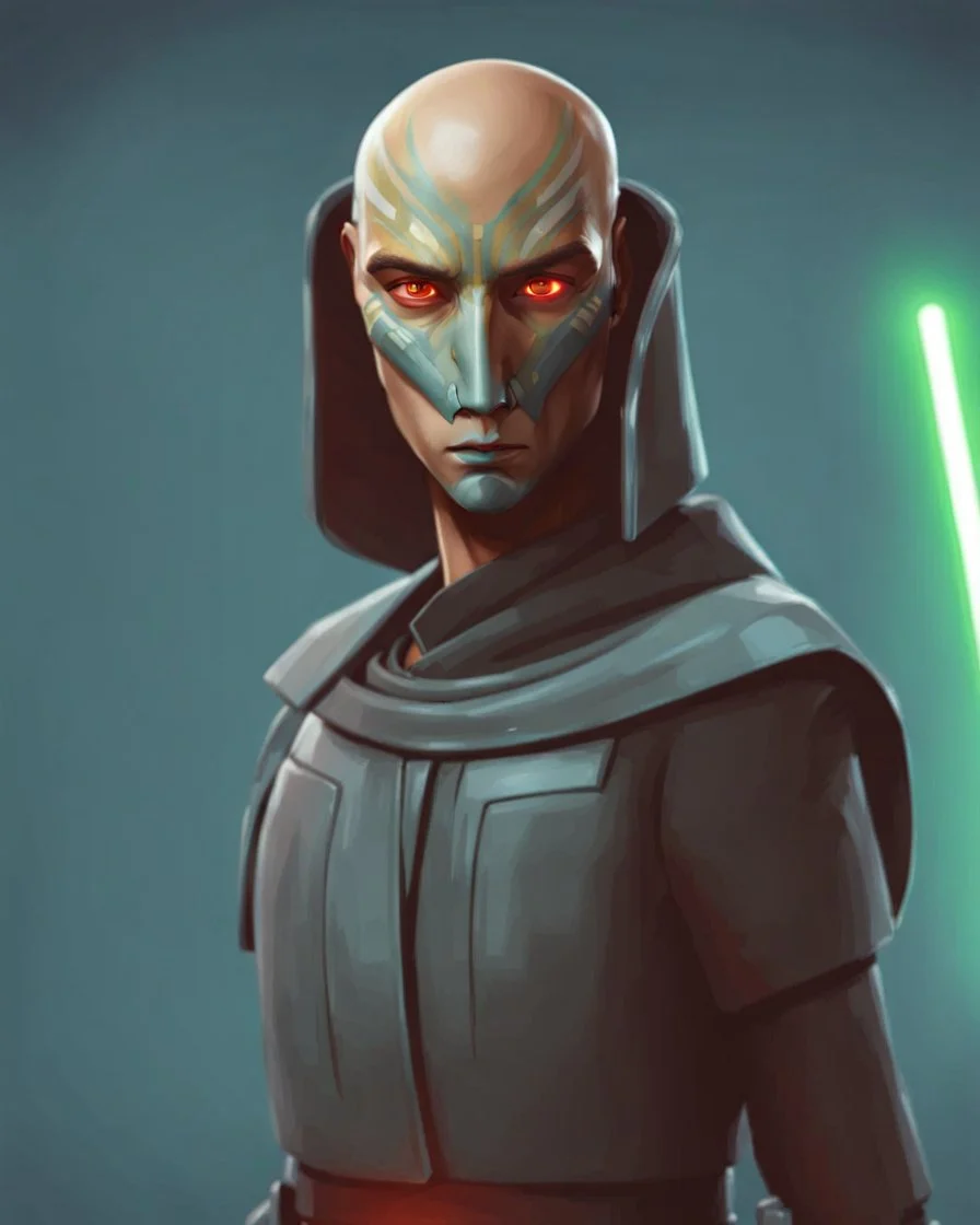 star wars bald male corellian jedi pilot wearing black and gunmetal grey old republic armored robes with gold trim inside the jedi temple holding a lightsaber with viridian green blade in left hand, centered head and shoulders portrait, hyperdetailed, dynamic lighting, hyperdetailed background, 8k resolution, volumetric lighting, light skin, fully symmetric details