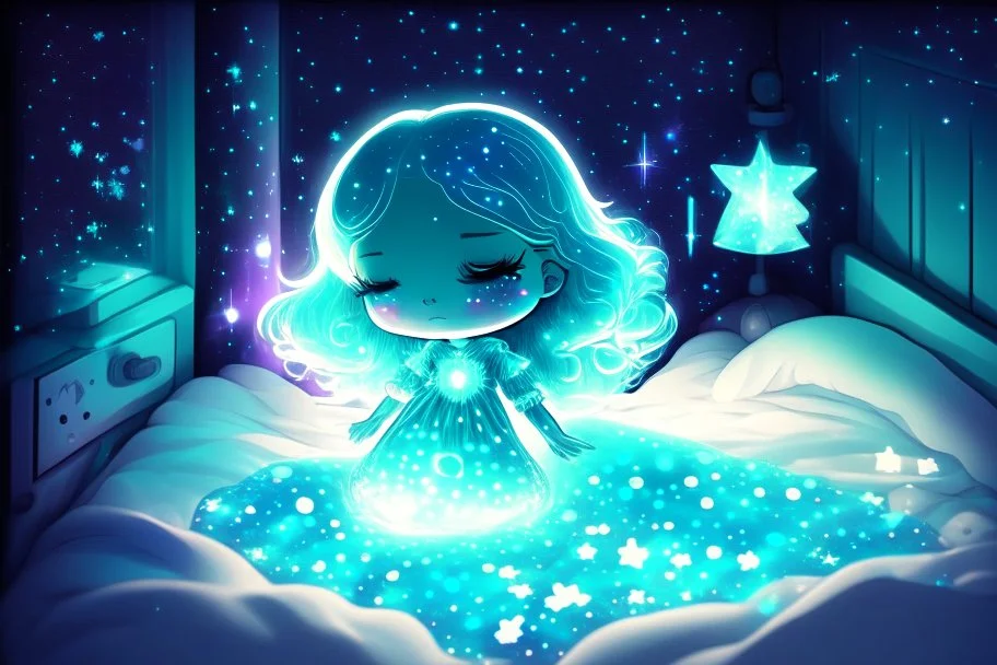 Cute chibi bioluminescent woman in holographic dress in sleeping room in starshine