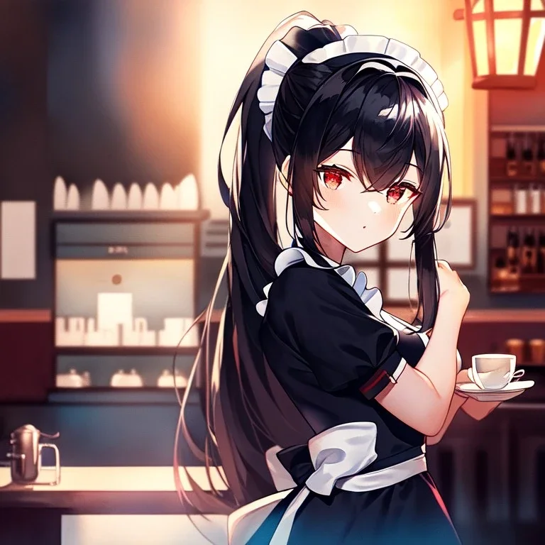 girl, masterpiece, best quality, cinematic lighting, detailed outfit, perfect eyes, black hair, red eyes, long hair, ponytail, in modern world, cafe setting, maid inspired outfit, vibrant colors, warm lighting, soft focus, watercolor textures,