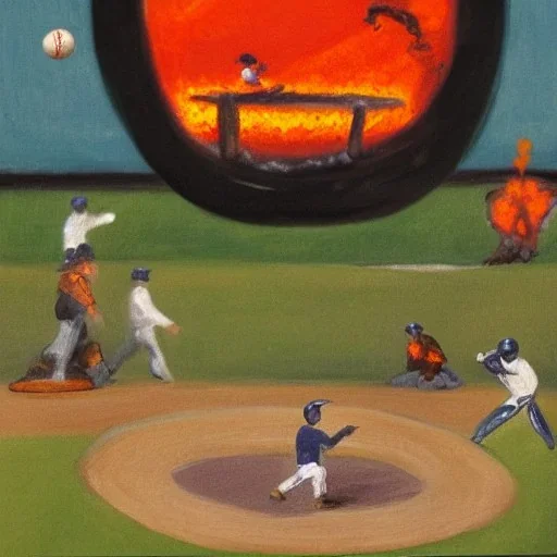 An impressionist painting of a baseball game being played in a teacup which is floating on black and orange glowing lava. The players are lizard men.