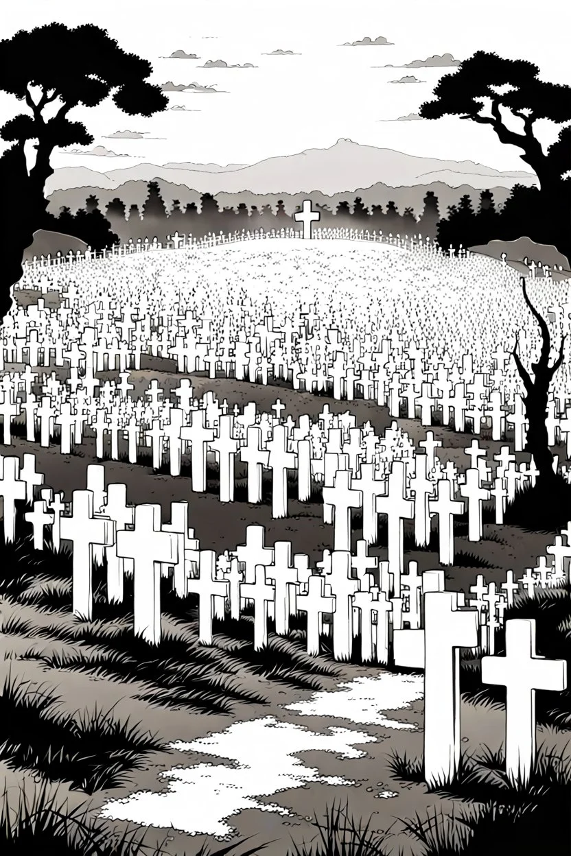 landscape, open air flat cemetery with thousand crosses, manga style, grayscale