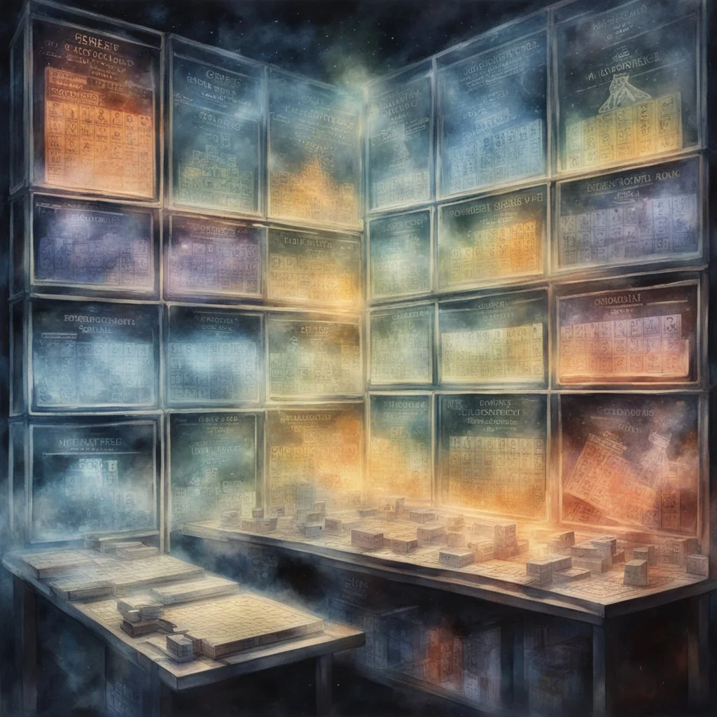 Tribute to science, double exposure image of apparitional periodic table with a busy science lab, dramatic, cinematic, movie poster composition by Drew Struzan and Dan Mountford, loose stroke watercolor, hyperrealistic