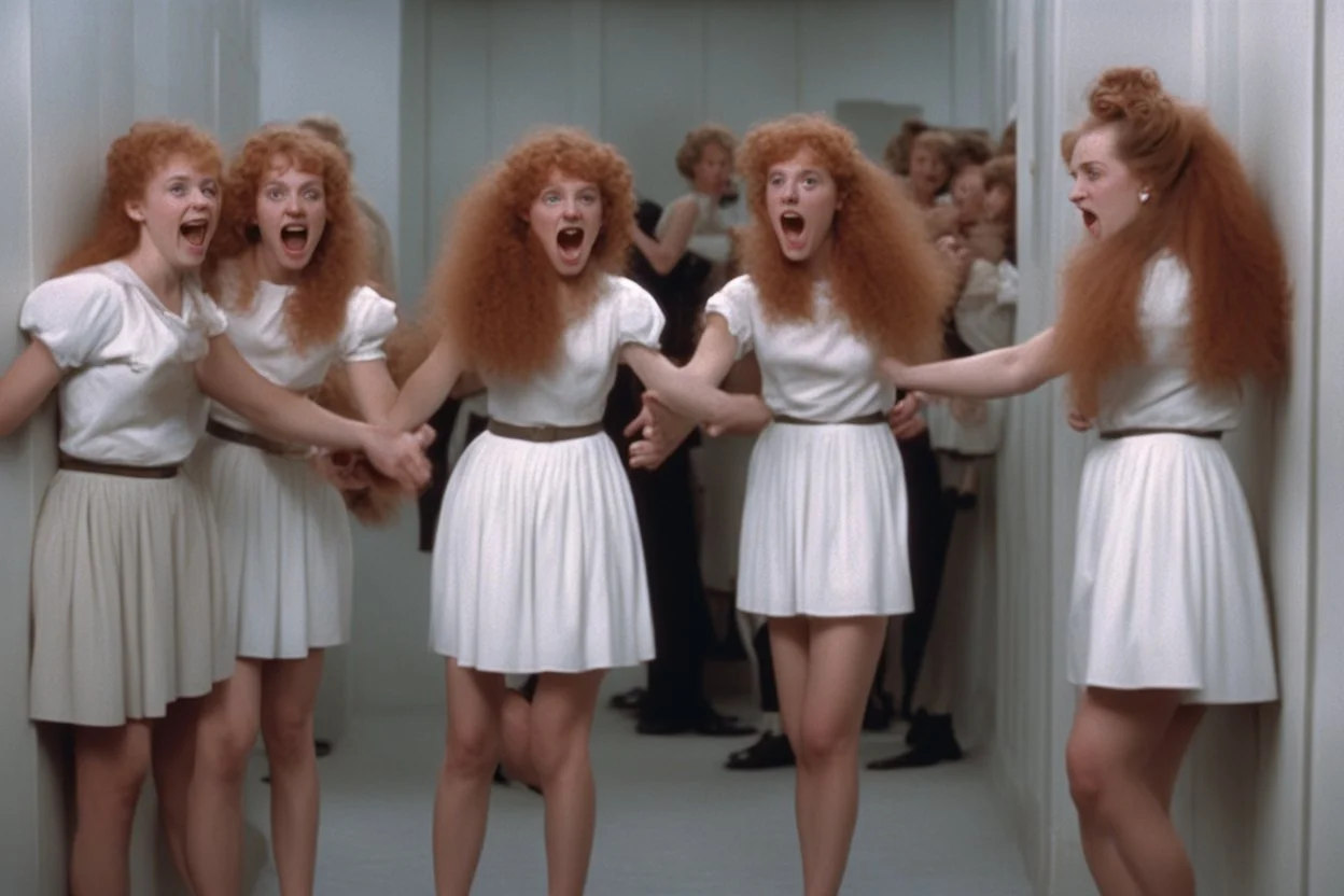 young women making fun at Exhibition of historical toilet humps [snapshot from the rated movie Blame it on Ginger (1986)]