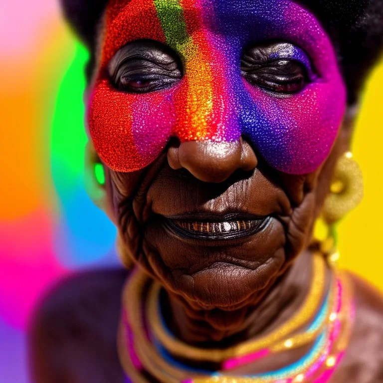 masterpiece, best quality, old woman, dark skinned, sparkling eyes, fluorescent skin, colorful makeup, afro, head shot, highly detailed body, sun light, 4K, RAW, depth of field, high contrast, realistic details, 24mm