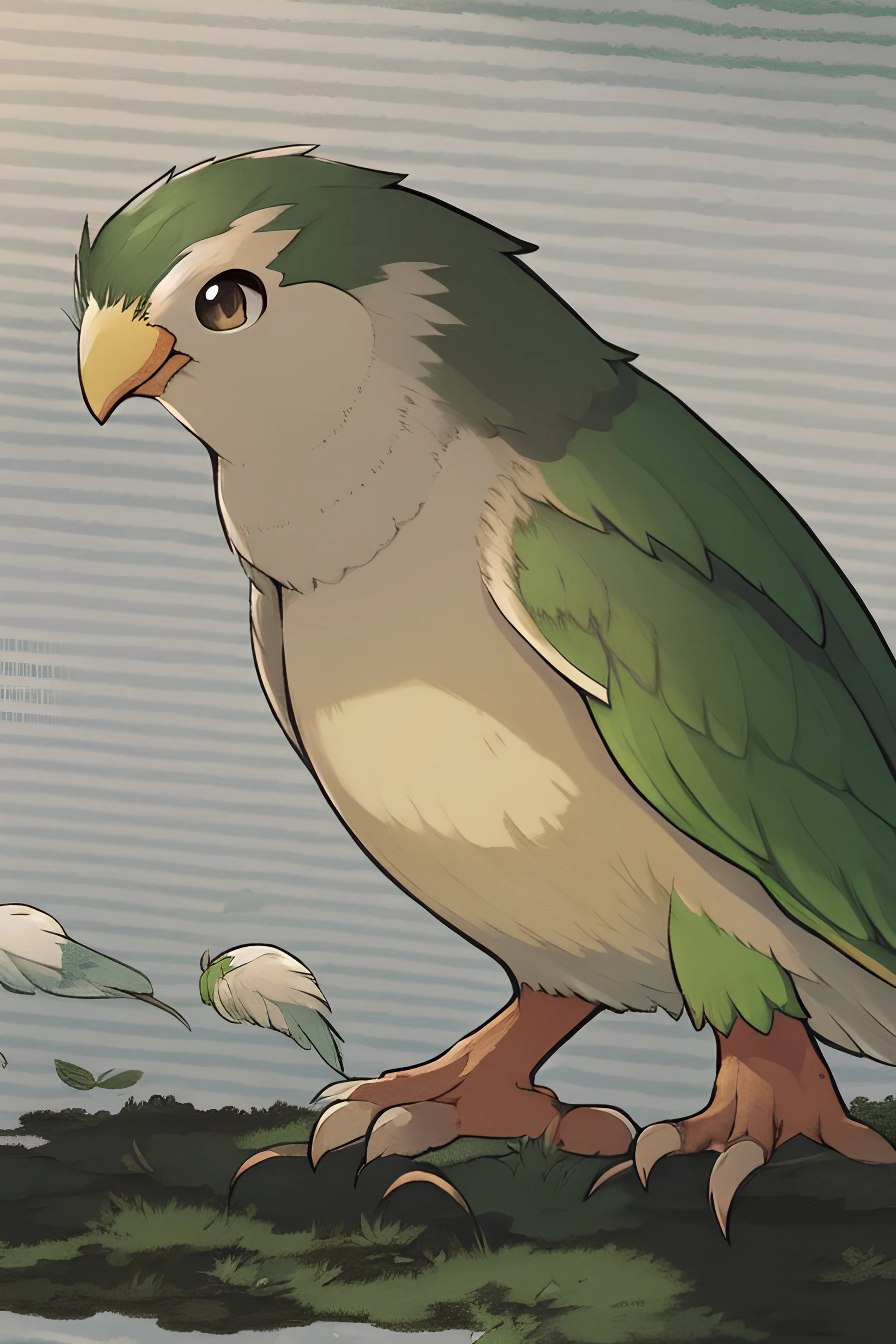 a green fat bird pokemon of grass type with leaves as feathers
