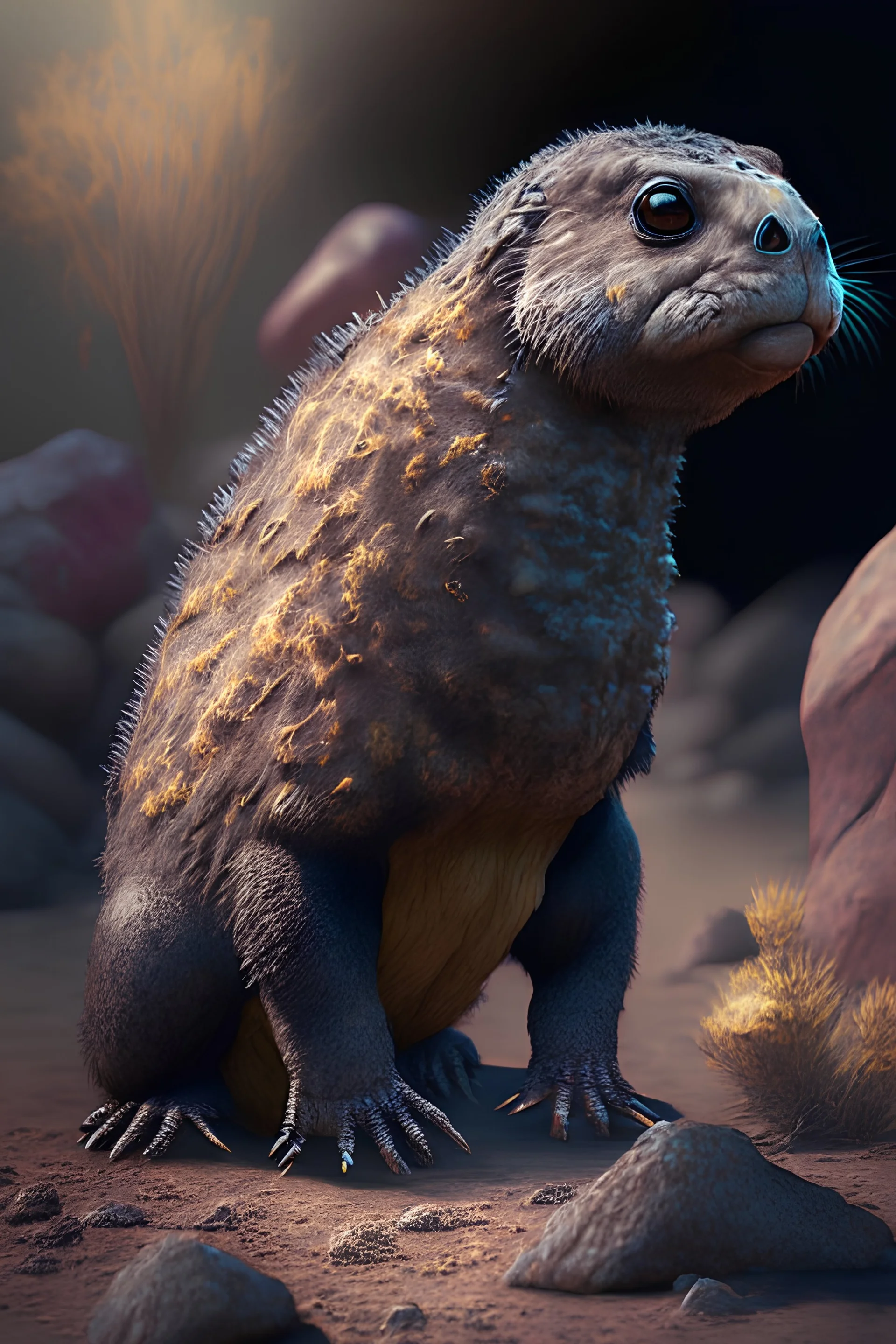 llama bull ground hog gila monster marmoset chicken,8k resolution, high-quality, fine-detail, muted colors,intricate, digital art, detailed matte, volumetric lighting, illustration, octane render