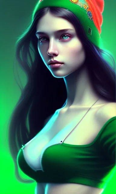 girl, cute, beautiful, long hair, wavy hair, green hair, blue eyes, green beanie, green bra,big titts, black tee shirt, head and shoulders portrait, 8k resolution concept art portrait by Greg Rutkowski, Artgerm, WLOP, Alphonse Mucha dynamic lighting hyperdetailed intricately detailed