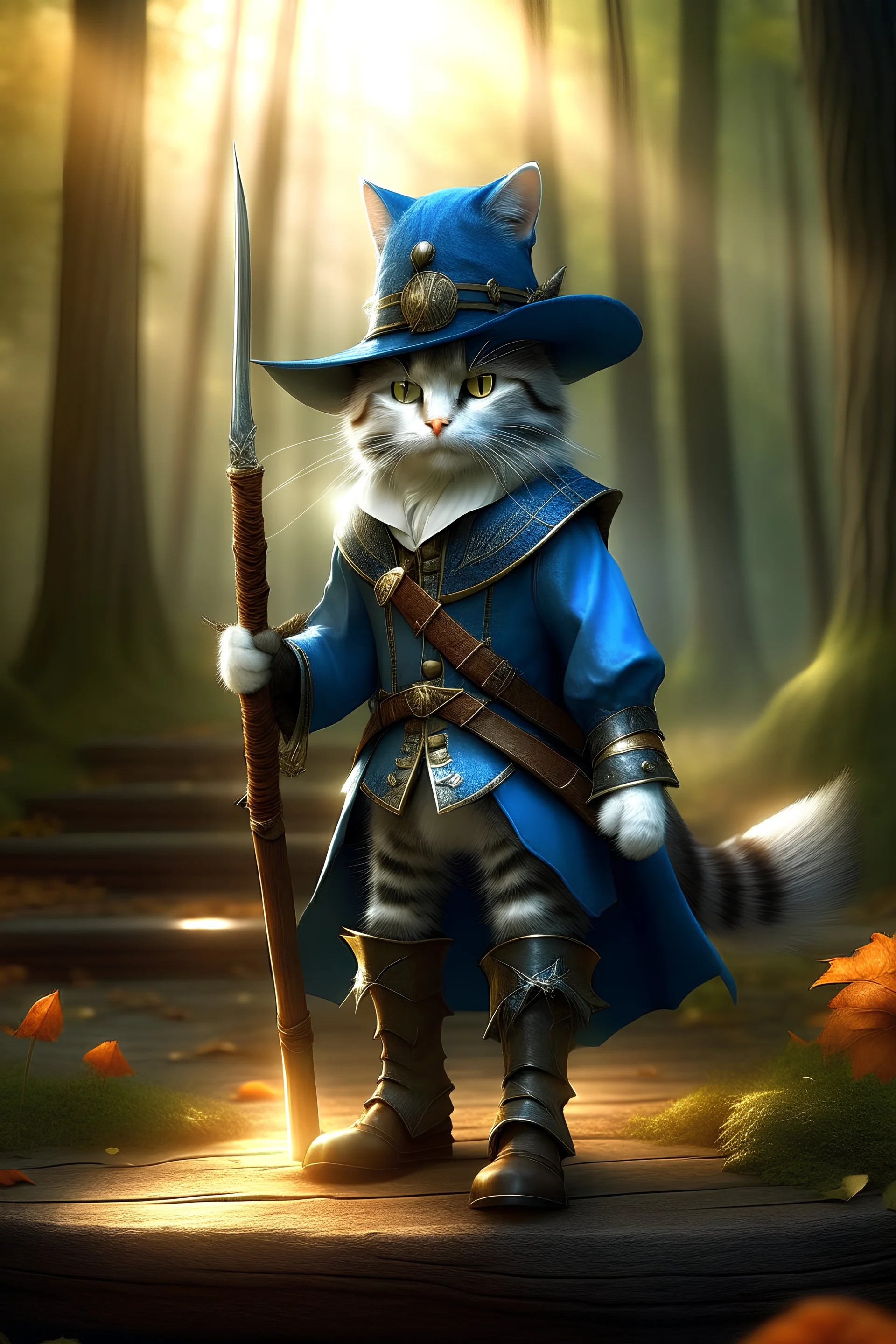 Imagen realista de un gato con botas y sombrero con una pluma, sable y ropas de mosquetero, en posición de esgrimista, de fondo el bosque