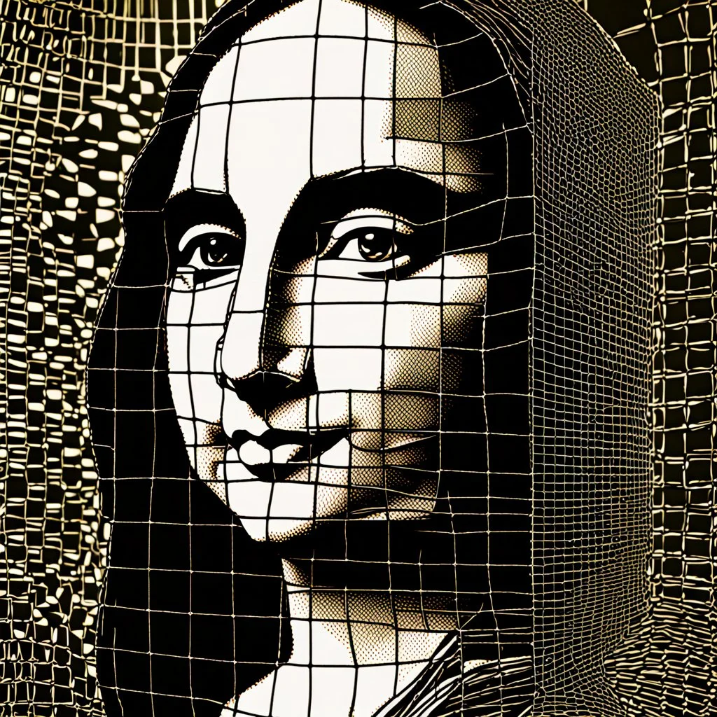 a drawing of a Mona Lisa face with a grid pattern on it, computer graphics, analytical art, daz3d, behance hd, sketchfab