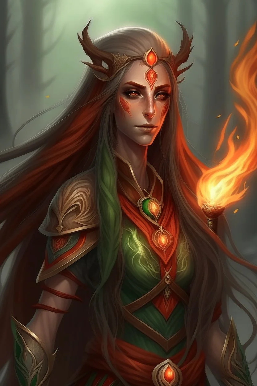 Female eladrin druid that has fire abilities. Long fire hair, Scar on the face after battles, scar after a big animal