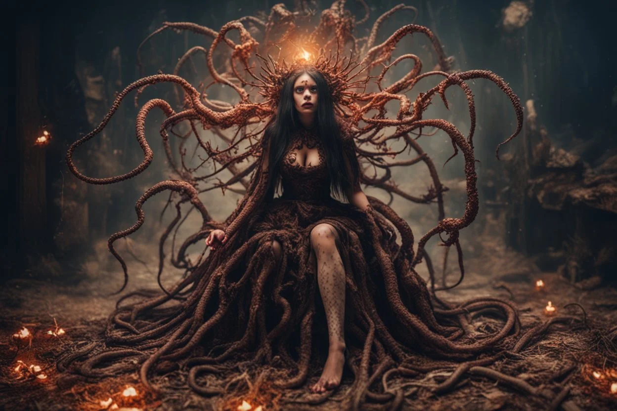 Demon girl wizard Halloween vintage girl, fullbody, feet point view, creepy, horrifying, sinister, many worms parasite creature connected to the head, sparks around her, intricate, 8k, macro photography,