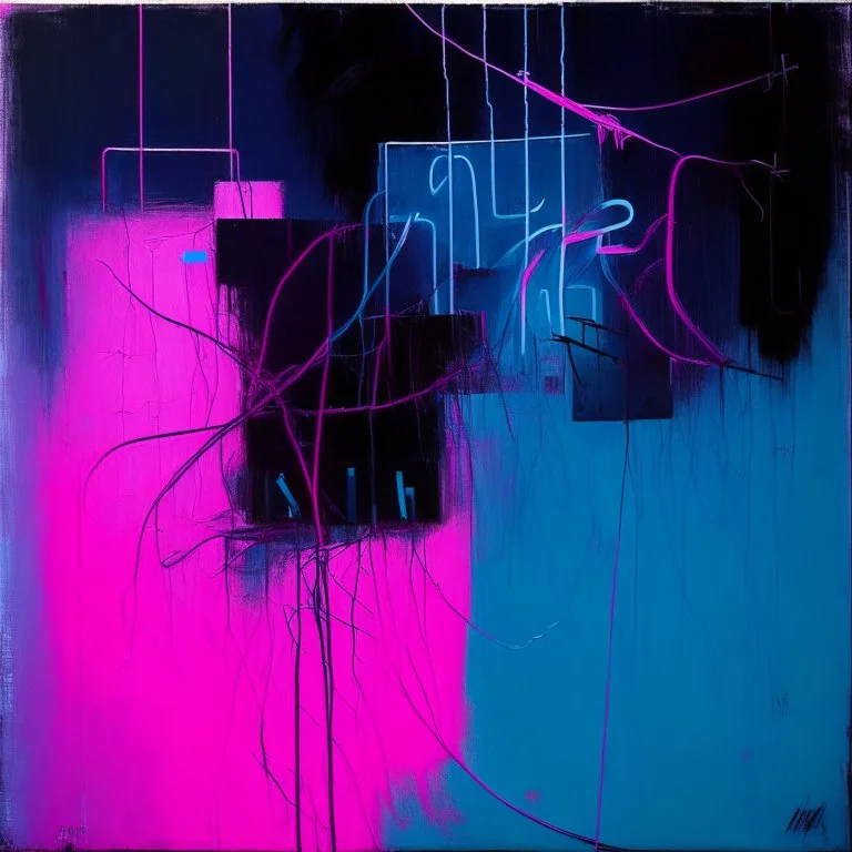 Minimal abstract oil painting of bright pink and blue with random words. hanging wires illuminated at night. In the style of Justin Mortimer and Phil Hale and Ashley Wood