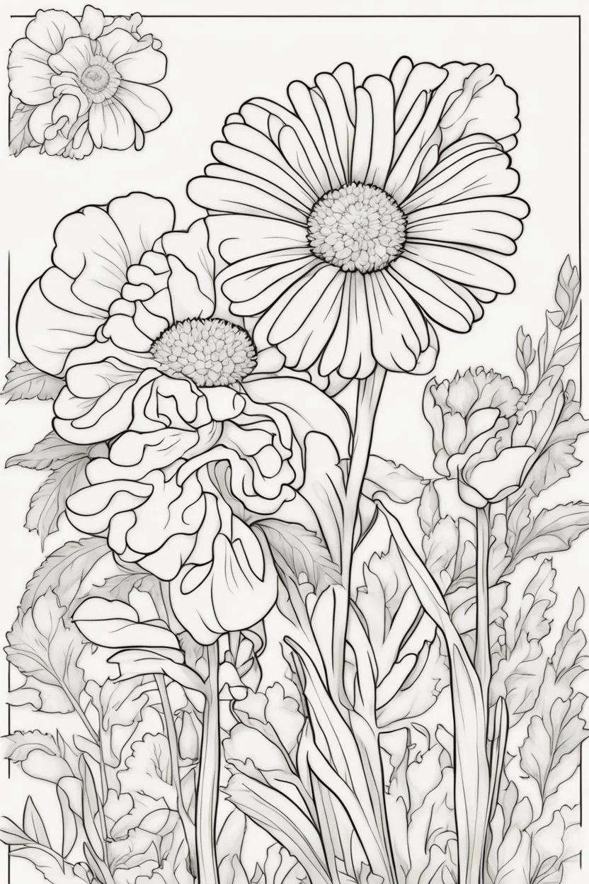 flowers coloring page for kids, marigold, cartoon style, thick outline, low details, no shading, no color