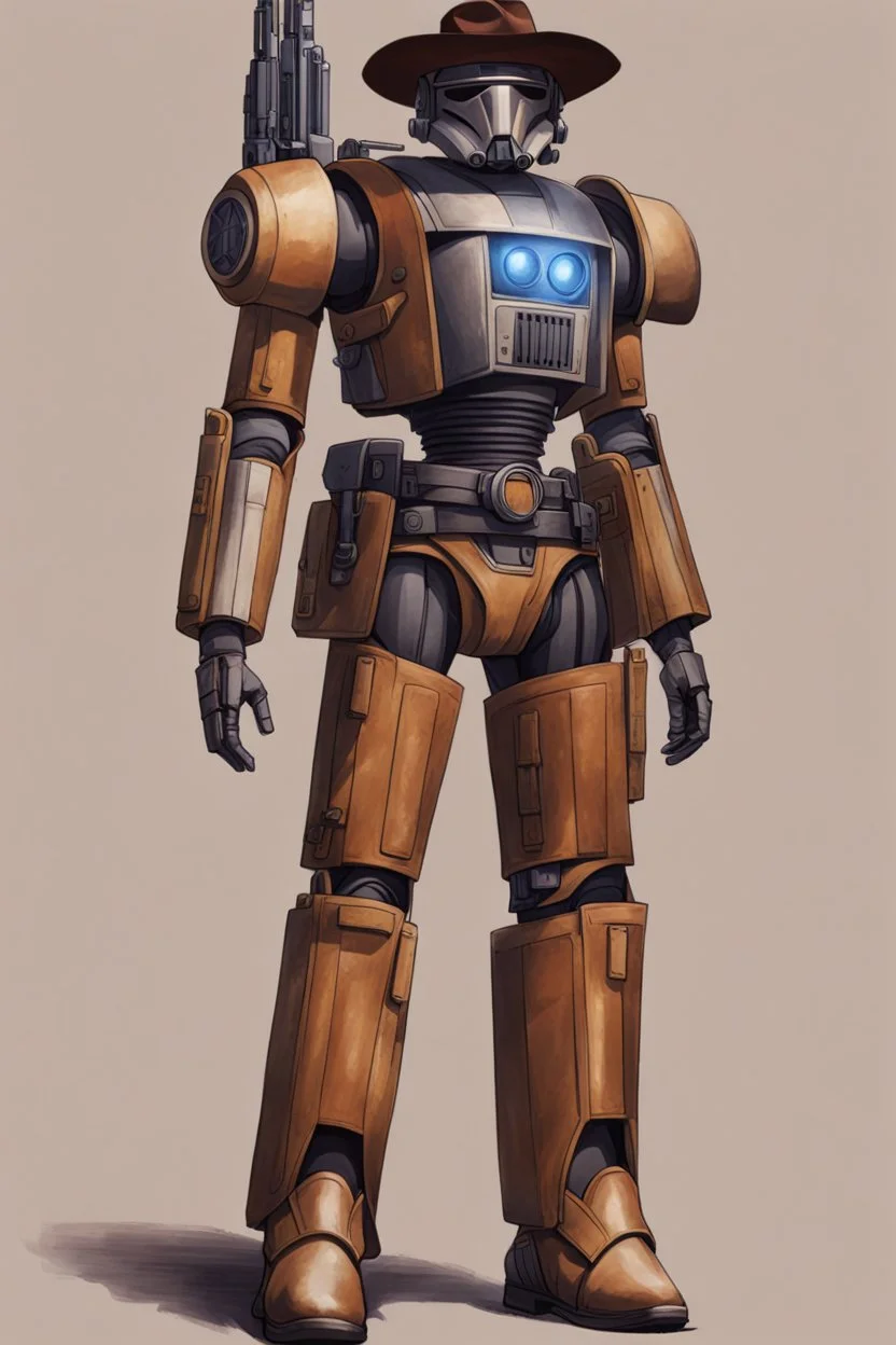 A Star Wars Combat Droid, Wearing Western Cowboy Clothes, Armour looks like Halo, Wearing a cowboy hat and a Cowboy Over-Coat.