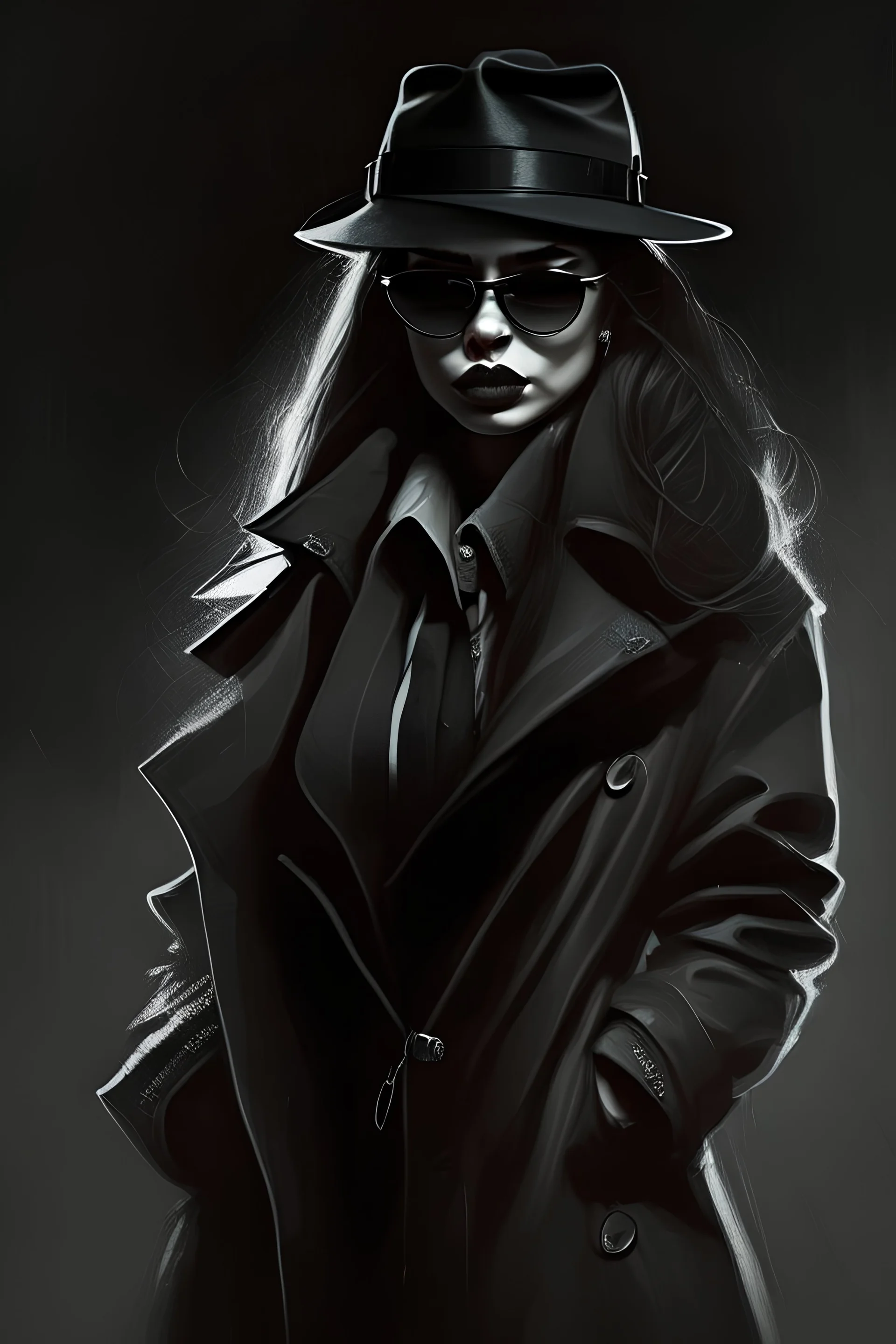 Gangster girl in dark hat, glasses, long coat, full figure.