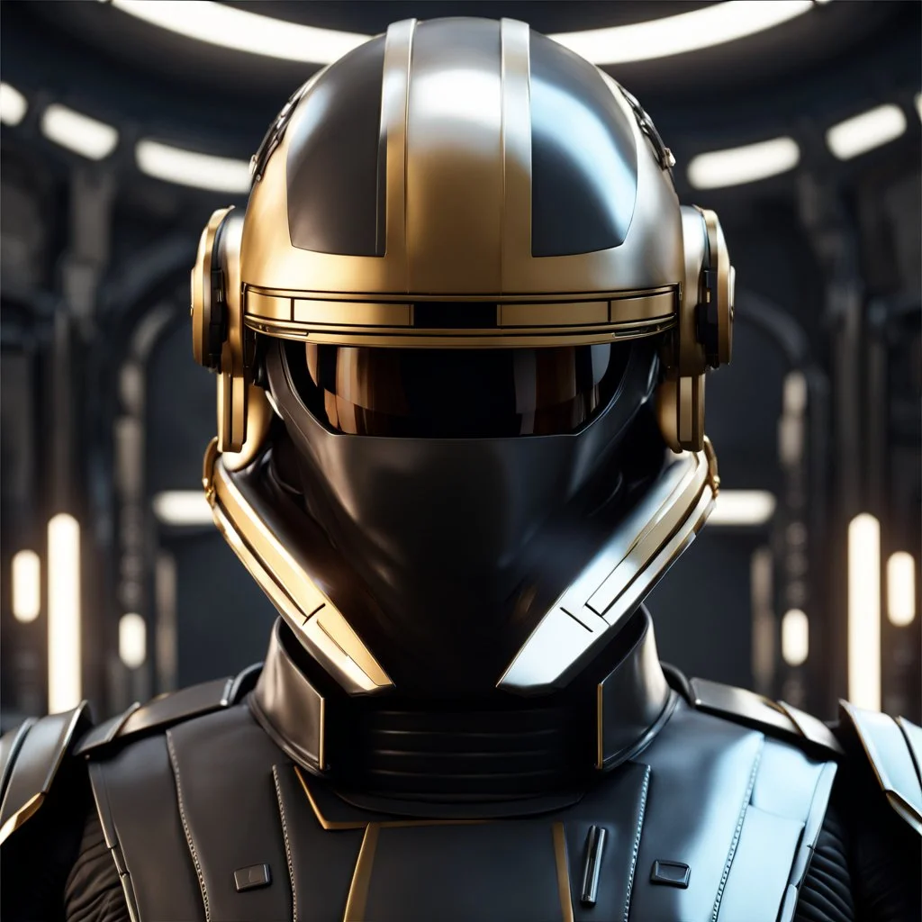 star wars bald male corellian pilot wearing pearlescent black and gunmetal grey First Order special forces heavy assault armor and helmet with gold trim inside the jedi temple, centered portrait, hyperdetailed, dynamic lighting, hyperdetailed background, 8k resolution, volumetric lighting, light skin, fully symmetric details