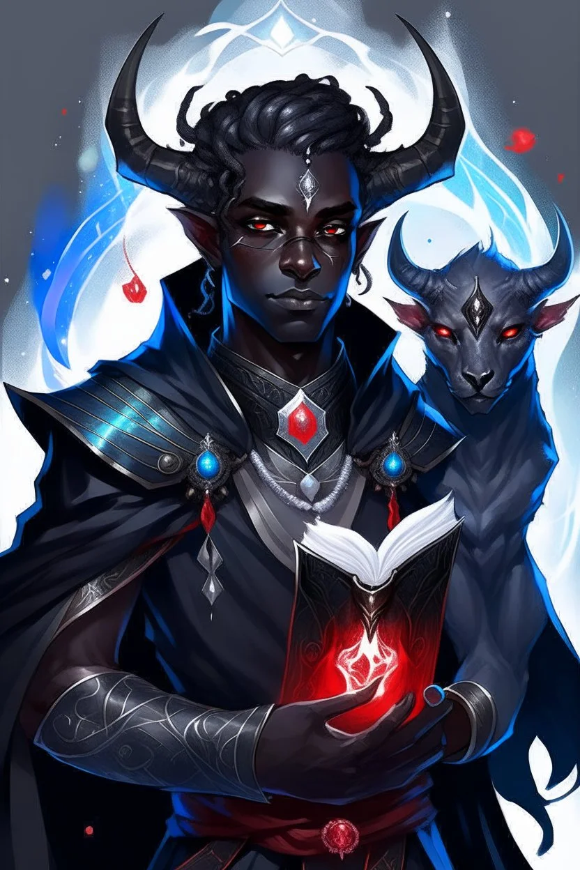 En Young male black skin tiefling fra dnd holding a book with Arcane Magic in a silver and White Rope. His horn a perfectly place on acet from the front to the back pointing upwards with glowing Red cat Eyes glowing Blue Arcane Magic around them ice crystals flowing around him. His close is elegant get simple. A adorable black cat with red eyes Sitting on his Shoulder