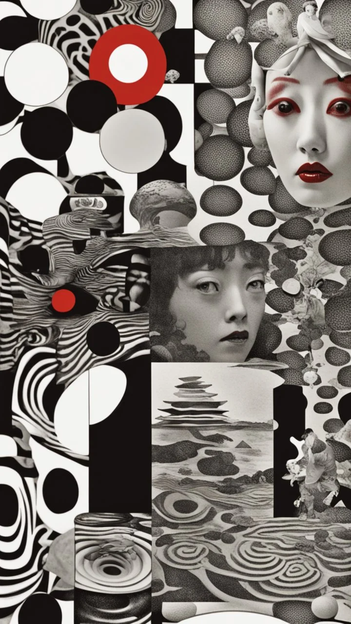 surreal collage art crafted from vintage Japanese magazines poster Novell , art composition by kusama, sci-fi elements , Alice's Wonderland, black and white and deep red