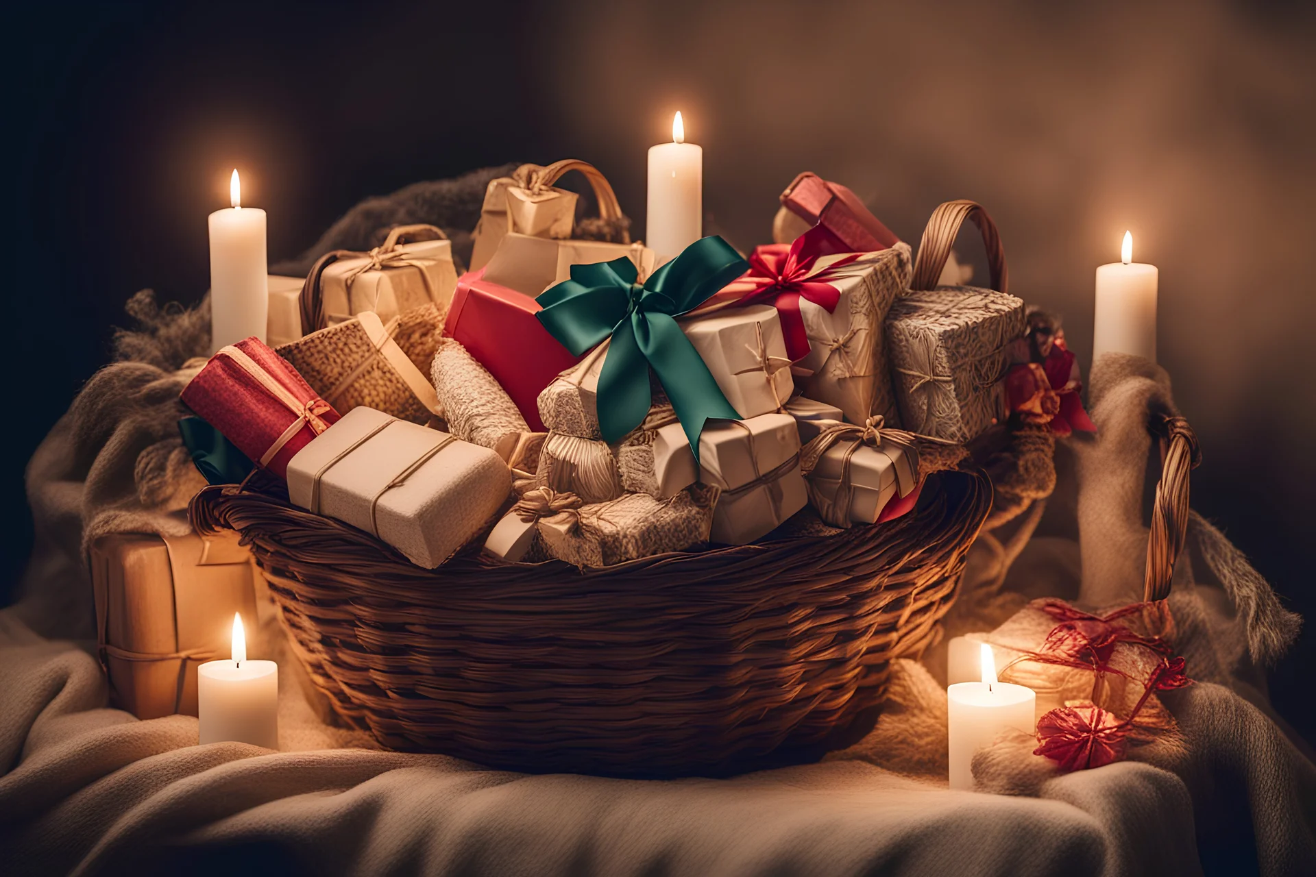 lots of presents in a carved basket on a soft sling, by candlelight