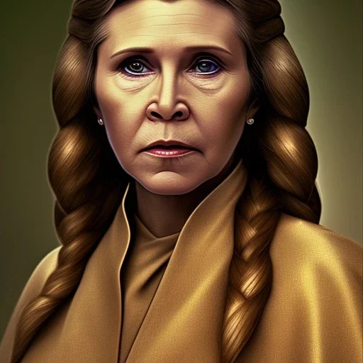 upper body photorealistic jedi carrie fisher in Star Wars, sharp brown eyes, photorealistic skin, dark brown jedi robe, cinematic lighting