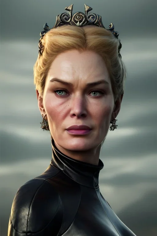 Cersei Lannister as evil queen in black leather, busty, cleavage, curvy, lena headay, angry, stern look. character design by cory loftis, fenghua zhong, ryohei hase, ismail inceoglu and ruan jia. unreal engine 5, artistic lighting, highly detailed, photorealistic, fantasy