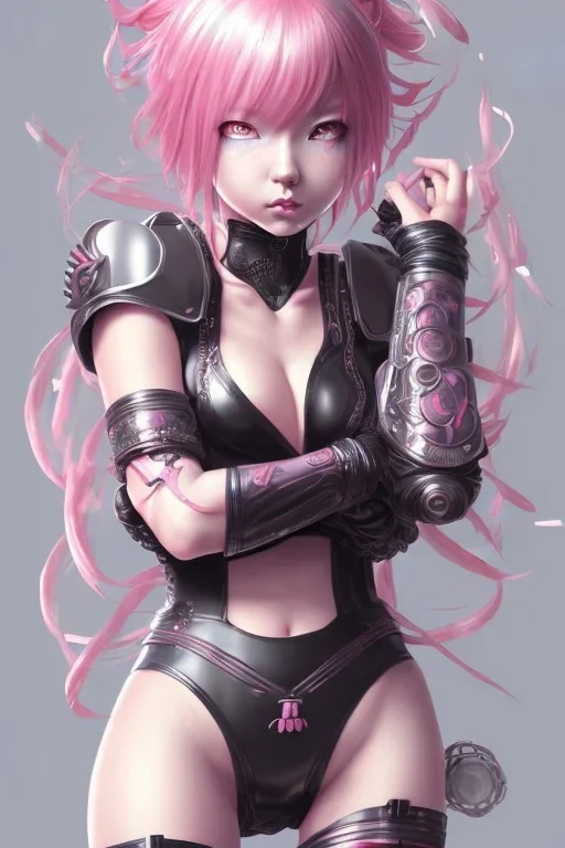 Detailed cute anime Kunoichi girl, pink hair buns, pink bangs, black latex bodysuit, intricate details, full body portrait, keep head in frame, slight smile, black Japanese motif, concept art, highly detailed, digital painting, concept art, sharp focus, illustration, art by Yoji Shinkawa, WLOP and greg rutkowski and alphonse mucha and artgerm and yanjun Chen and Junji ito and Makoto Shinkai, HDR, octane render