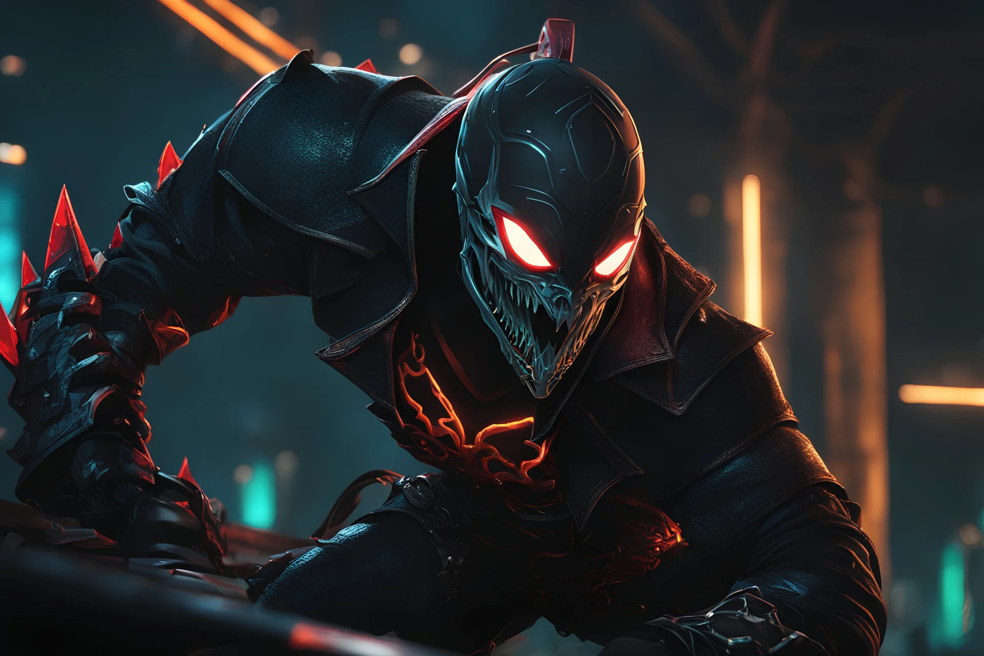 Pyke venom in 8k solo leveling shadow artstyle, pirate them, mask, close picture, sea, neon lights, intricate details, highly detailed, high details, detailed portrait, masterpiece,ultra detailed, ultra quality