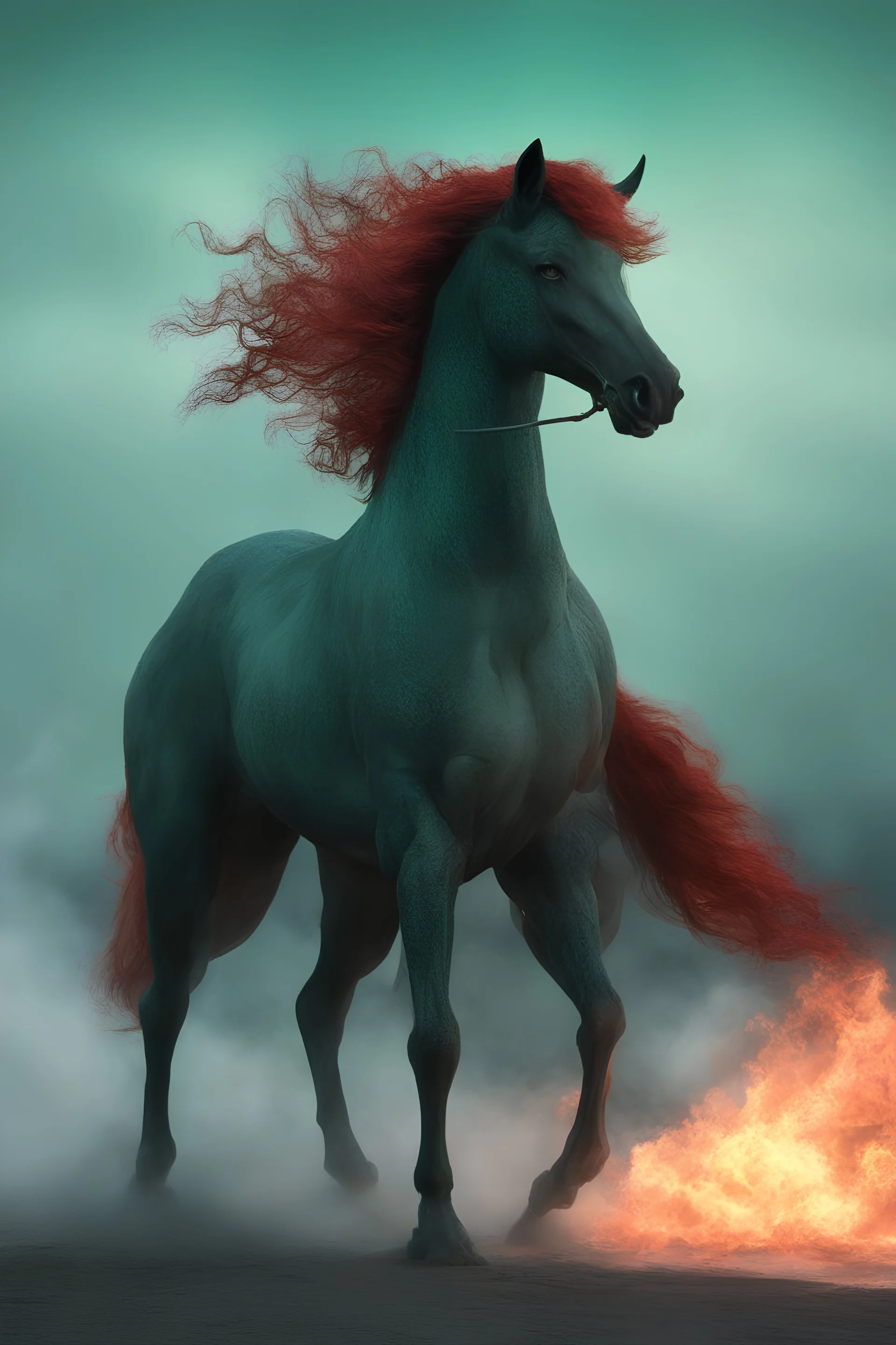 full body, head to toe, 3D, the anthropomorphic black Chinese Indian werewolf Horse with Long wavy, curly (((red hair))) and bright, (((sea-green eyes))), breathing fire, resembles Elvis Presley - full color - 32k, UHD, 1080p, 8 x 10, glossy professional quality digital photograph - dark foggy gradated background, historic, powerful, octane rendering, exquisite detail, 30 - megapixel, 4k, 85 - mm - lens, sharp - focus, intricately - ((skin details, high detailed skin texture