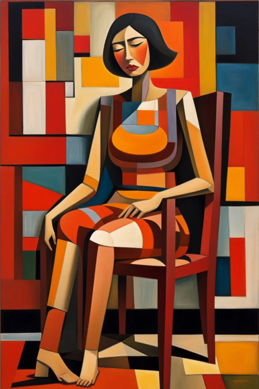 painting of a tired woman sitting on a chair, cubist vibe, sleeveless, oilpaint, variations around female, scarlet and orange blast color dynamics, 1970s philippines, family portrait,centre composition, viet aspect