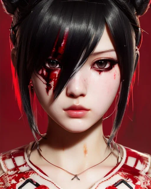 Detailed cute anime assassin girl, blood read hair buns, blood red bangs, black latex bodysuit, intricate details, full body portrait, keep head in frame, slight smile, black Japanese motif, concept art, highly detailed, digital painting, concept art, sharp focus, illustration, art by Yoji Shinkawa, WLOP and greg rutkowski and alphonse mucha and artgerm and yanjun Chen and Junji ito and Makoto Shinkai, HDR, octane render