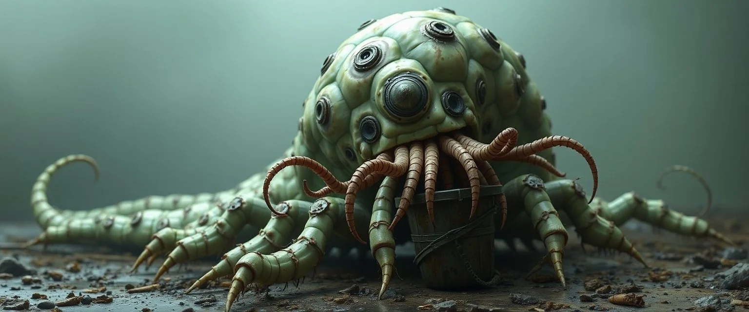 Carrion Crawler Giant pale-green segmented worm with dozens of tiny legs, multiple eyes and long poisonous tentacles around its mouth. Mop, bucket Believes it is an elite professional cleaner.