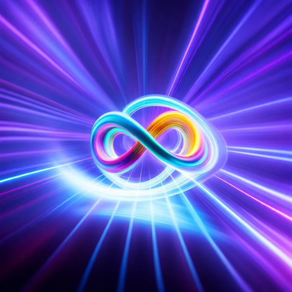 infinity symbol brightly coloured ∞ moving at warp speed, colours from infinity flowing through image with speed, DSLR with a 80mm lens, set to f/16 and a slow shutter speed of 1/15s, striking, neon, chiaroscuro, dramatic, captivating, powerful, fantasy, beautiful, octane render, 16k post-production, artstation: award-winning: atmospheric: commanding: fantastical: clarity: ultra quality: striking: brilliance: stunning colors: amazing depth; lens: f/11, 35mm