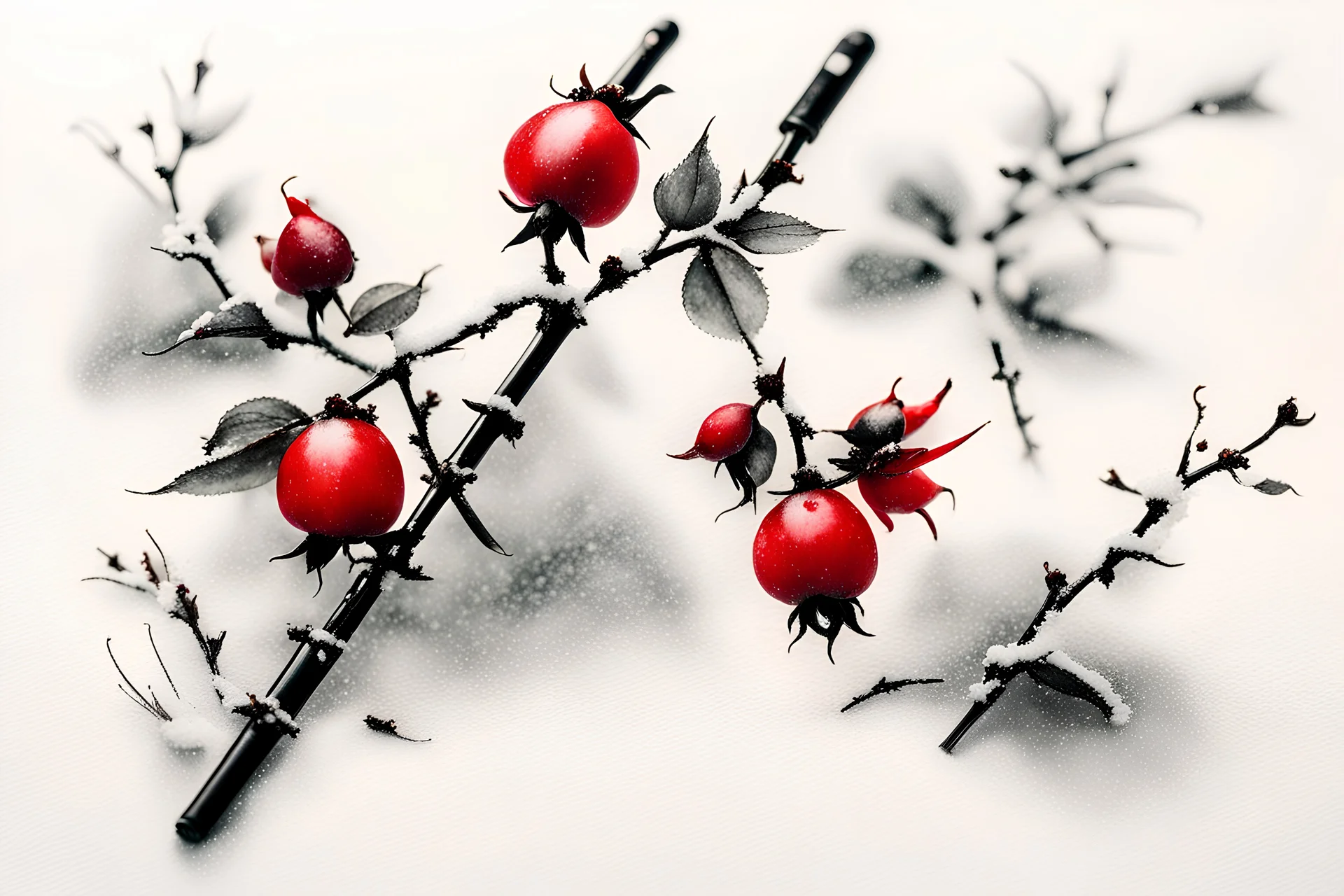 delicate Japanese Sumi-e, rose hips in the snow, pure, simple, Zen, perfect balance, white, black and red Modifiers: elegant beautiful award winning crisp quality pen and ink Delicate