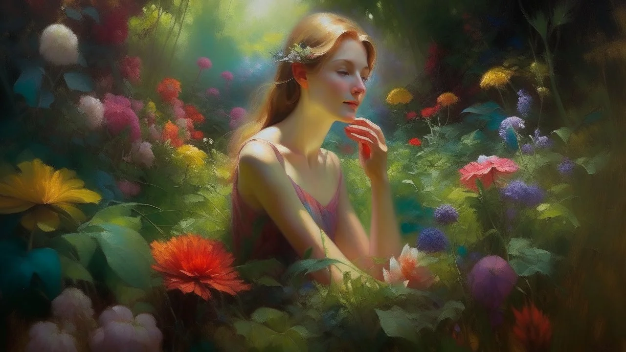 "Ethereal, dreamlike portrait of a melancholic woman in a whimsical, overgrown garden, surrounded by vibrant, blooming flowers, with a subtle, mystical aura, reminiscent of the works of Jacek Malczewski."