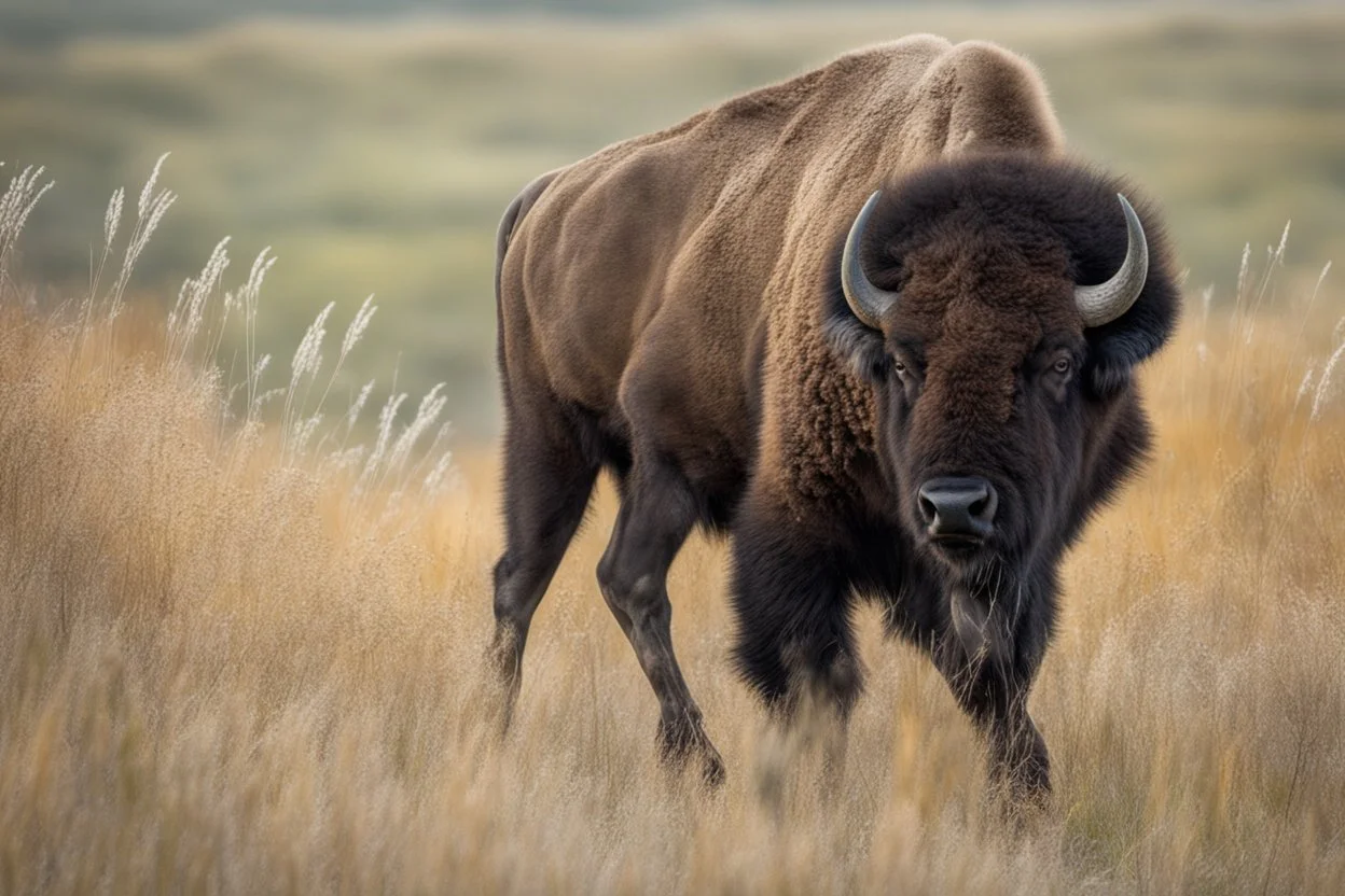Bison walking uphill towards viewer's right, prairie grasses in foreground, background fades out to completely white