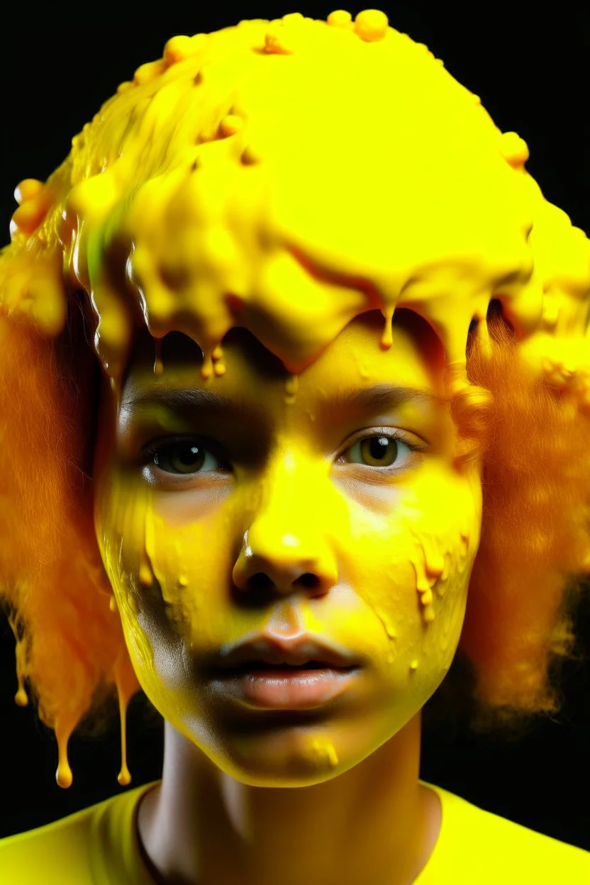 Girl face with yellow rubber effect in all face with orange sponge meduza hair