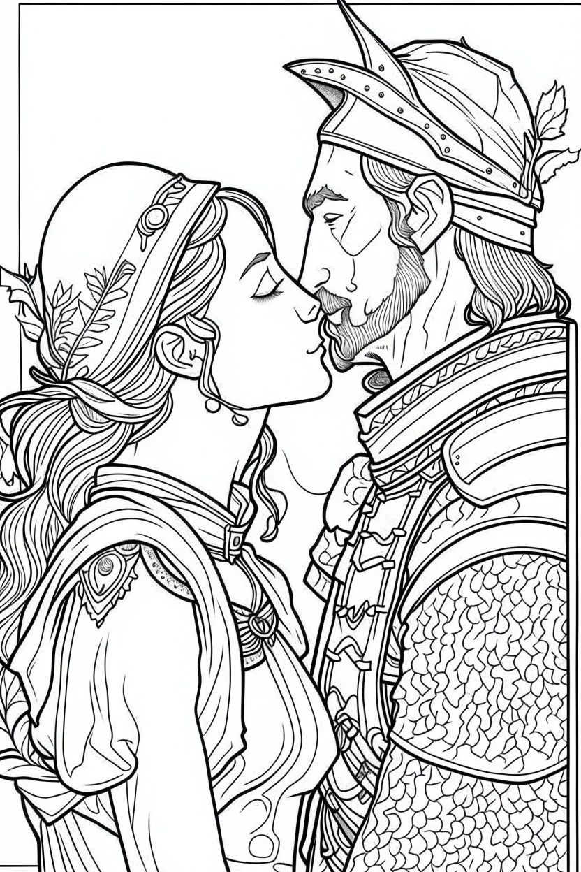 Fantasy coloring page, minimal detail. HD. Woman kissing a male knight with a beard. No background detail.