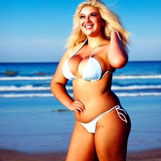 retrato de mujer guapa voluptuosa rubia en playa en bikini cuerpo entero sonriendo